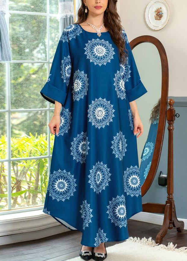 Boho Blue O Neck Print Cotton Maxi Dresses Summer