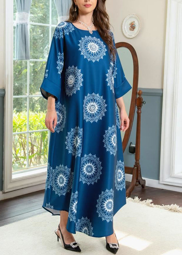 Boho Blue O Neck Print Cotton Maxi Dresses Summer