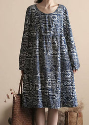 Boho Blue O Neck Print Patchwork Linen Dress Long Sleeve