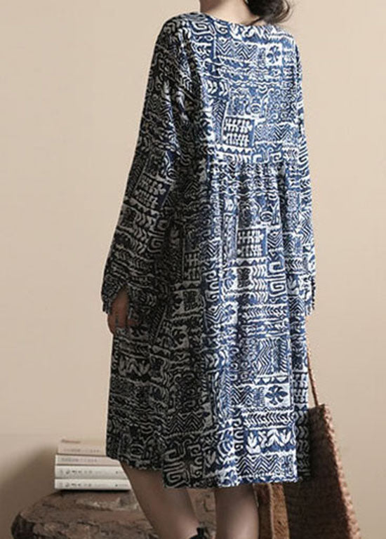 Boho Blue O Neck Print Patchwork Linen Dress Long Sleeve