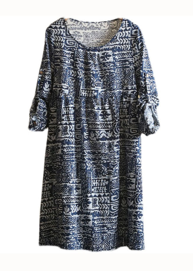 Boho Blue O Neck Print Patchwork Linen Dress Long Sleeve