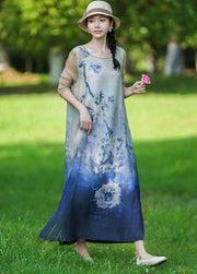 Boho Blue O Neck Print Patchwork Linen Long Dress Summer