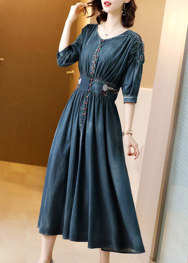 Boho Blue O-Neck Wrinkled Tunic Cotton Denim Maxi Dress Long Sleeve