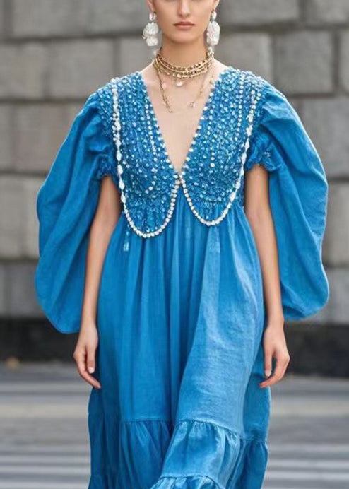 Boho Blue Original Design Nail Bead Cotton Dress Batwing Sleeve