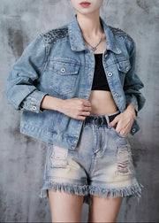 Boho Blue Oversized Nail Bead Denim Jacket Fall