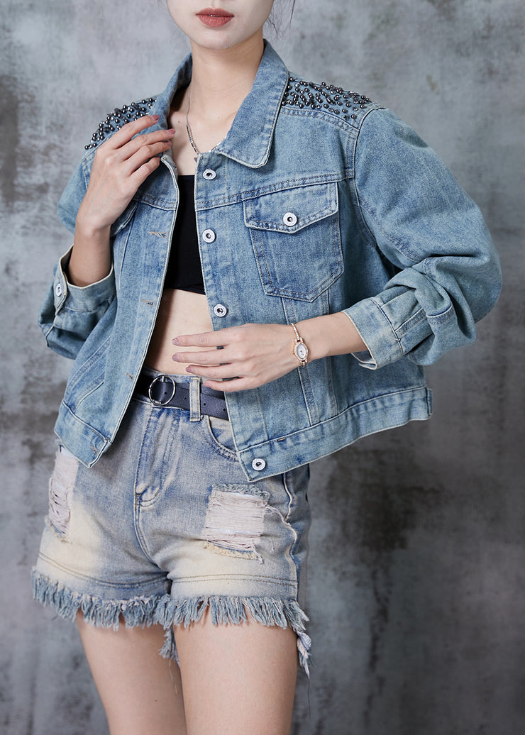 Boho Blue Oversized Nail Bead Denim Jacket Fall