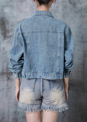 Boho Blue Oversized Nail Bead Denim Jacket Fall