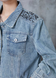 Boho Blue Oversized Nail Bead Denim Jacket Fall