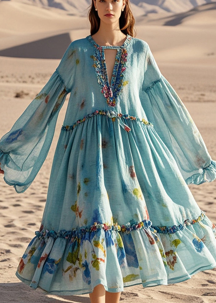 Boho Blue Oversized Print Cotton Beach Dress Fall