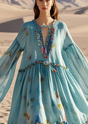 Boho Blue Oversized Print Cotton Beach Dress Spring