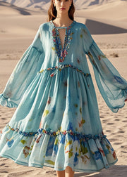 Boho Blue Oversized Print Cotton Beach Dress Fall