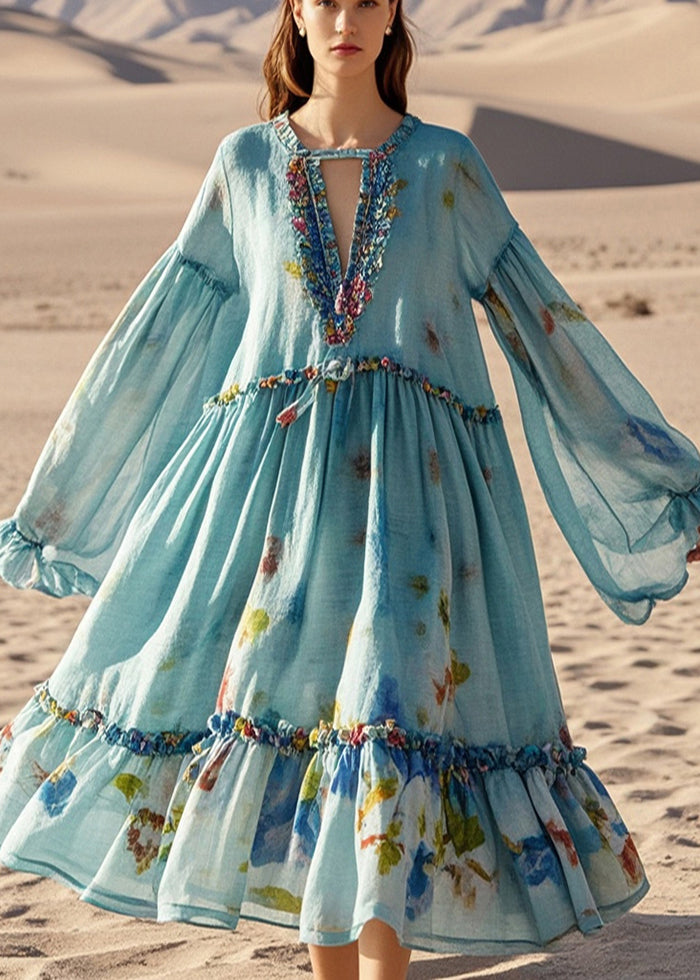 Boho Blue Oversized Print Cotton Beach Dress Fall