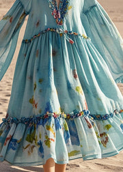 Boho Blue Oversized Print Cotton Beach Dress Spring