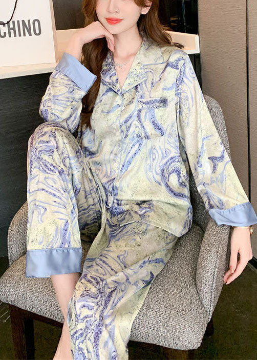 Boho Blue Oversized Tie Dye Ice Silk Pajamas Two Pieces Set Spring