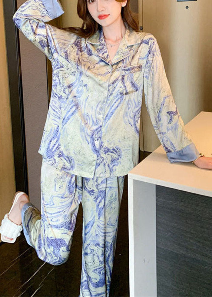 Boho Blue Oversized Tie Dye Ice Silk Pajamas Two Pieces Set Spring