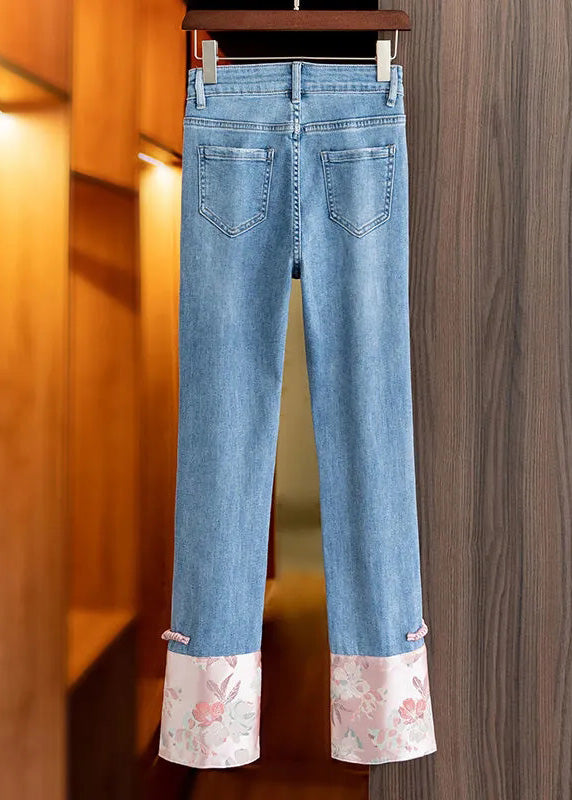 Boho Blue Patchwork Pink High Waist Straight Jeans