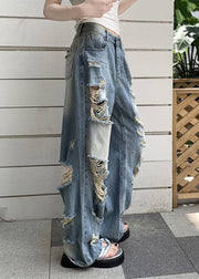 Boho Blue Pockets Patchwork Hole Denim Pants Fall