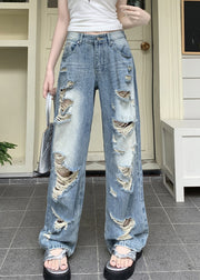 Boho Blue Pockets Patchwork Hole Denim Pants Fall