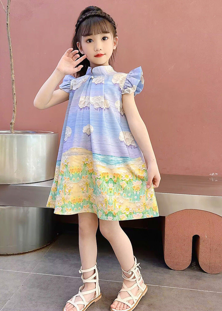 Boho Blue Print Button Girls Mid Dress Short Sleeve