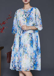 Boho Blue Print Chiffon Mid Dress Lantern Sleeve