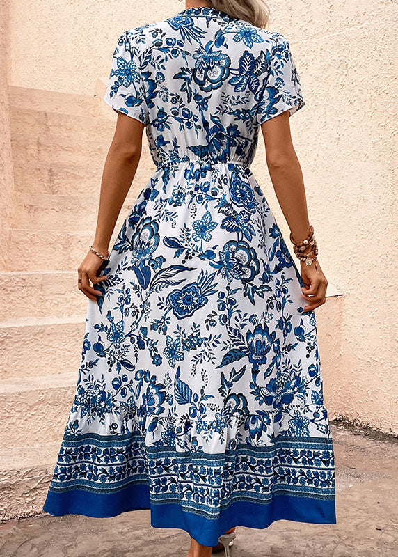 Boho Blue Print Drawstring Chiffon Holiday Dress Summer