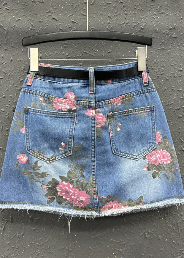 Boho Blue Print High Waist Sashes Skirt Summer