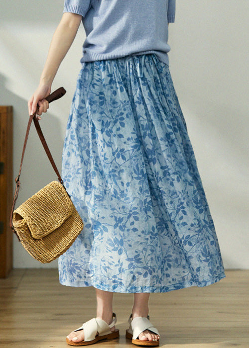 Boho Blue Print Lace Up Elastic Waist Cotton Skirt Spring