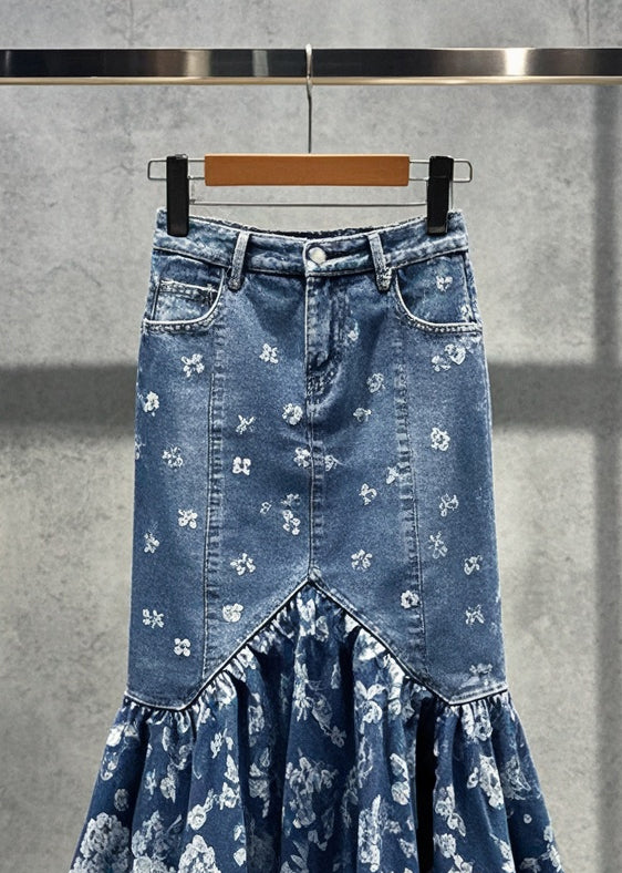 Boho Blue Print Silm Fit Denim Wraped Skirts Fall