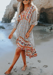 Boho Blue Print V Neck Chiffon Dress Half Sleeve