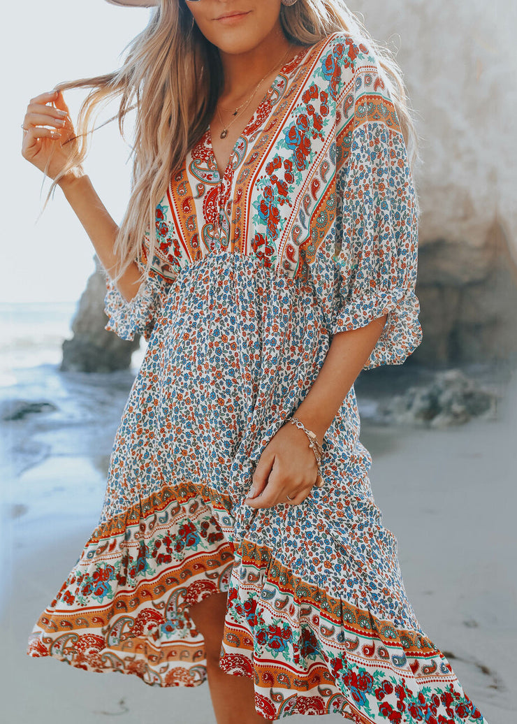 Boho Blue Print V Neck Chiffon Dress Half Sleeve