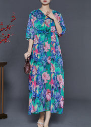 Boho Blue Ruffled Print Chiffon Hooded Dress Summer