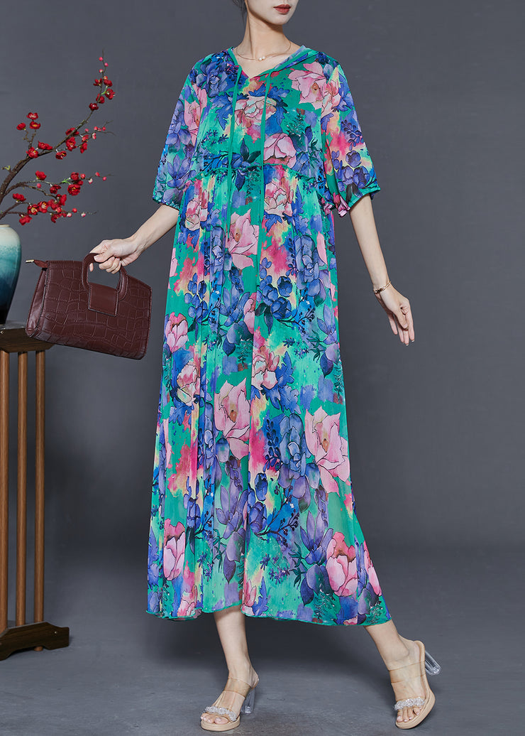 Boho Blue Ruffled Print Chiffon Hooded Dress Summer