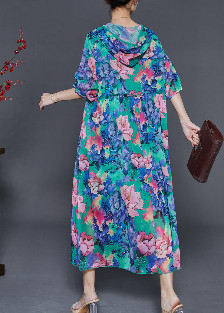 Boho Blue Ruffled Print Chiffon Hooded Dress Summer