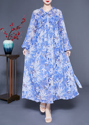 Boho Blue Ruffled Print Exra Large Hem Silk Beach Dresses Lantern Sleeve