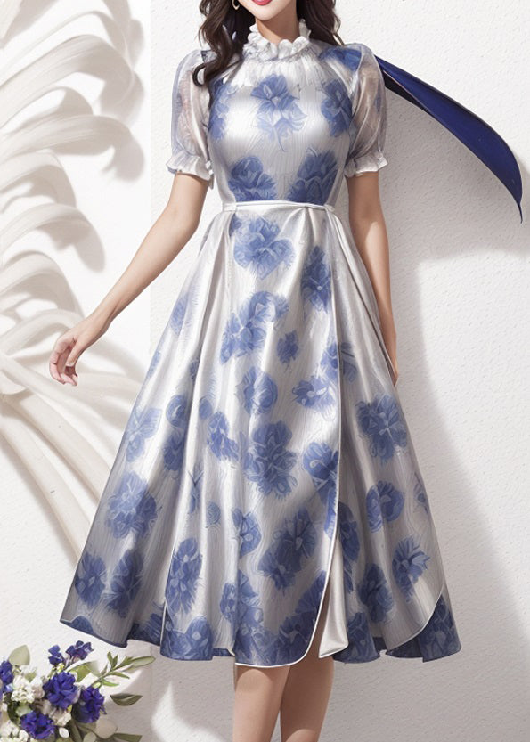 Boho Blue Ruffled Print Silk Dresses Short Sleeve