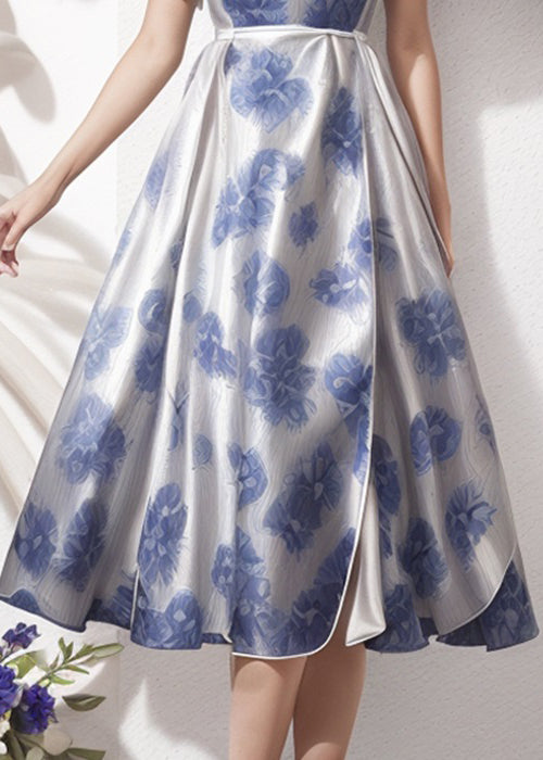 Boho Blue Ruffled Print Silk Dresses Short Sleeve