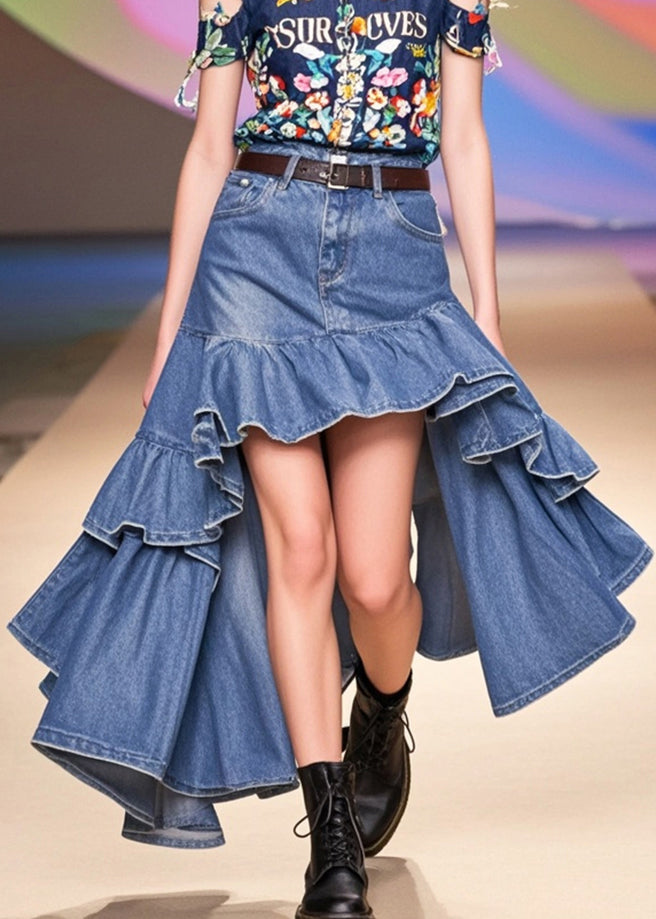 Boho Blue Ruffles Low High Design Denim Holiday Skirts Spring