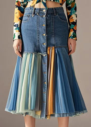 Boho Blue Silm Fit Patchwork Denim Skirt Fall