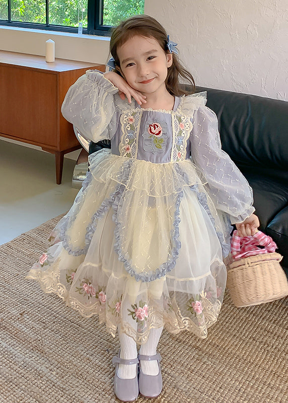 Boho Blue Square Collar Embroideried Tulle Kids Maxi Dress Spring