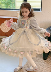 Boho Blue Square Collar Embroideried Tulle Kids Maxi Dress Spring