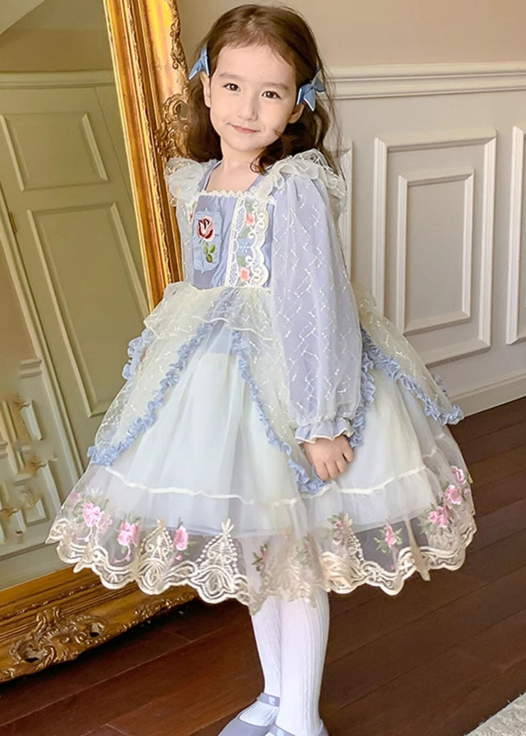 Boho Blue Square Collar Embroideried Tulle Kids Maxi Dress Spring