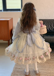 Boho Blue Square Collar Embroideried Tulle Kids Maxi Dress Spring