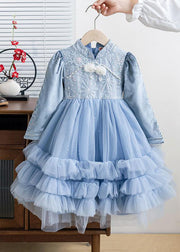 Boho Blue Stand Collar Patchwork Sequins Tulle Kids Long Dresses Spring