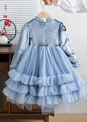 Boho Blue Stand Collar Patchwork Sequins Tulle Kids Long Dresses Spring