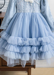 Boho Blue Stand Collar Patchwork Sequins Tulle Kids Long Dresses Spring