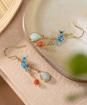 Boho Blue Sterling Silver Gold Plated Cloisonne Jadeite Water Drop Jade Drop Earrings