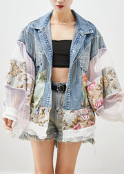 Boho Blue Tasseled Patchwork Tulle Denim Coat Lantern Sleeve