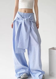 Boho Blue Tie Waist Detachable Striped Straight Pants Spring