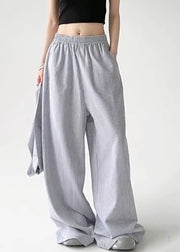 Boho Blue Tie Waist Detachable Striped Straight Pants Spring