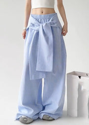 Boho Blue Tie Waist Detachable Striped Straight Pants Spring